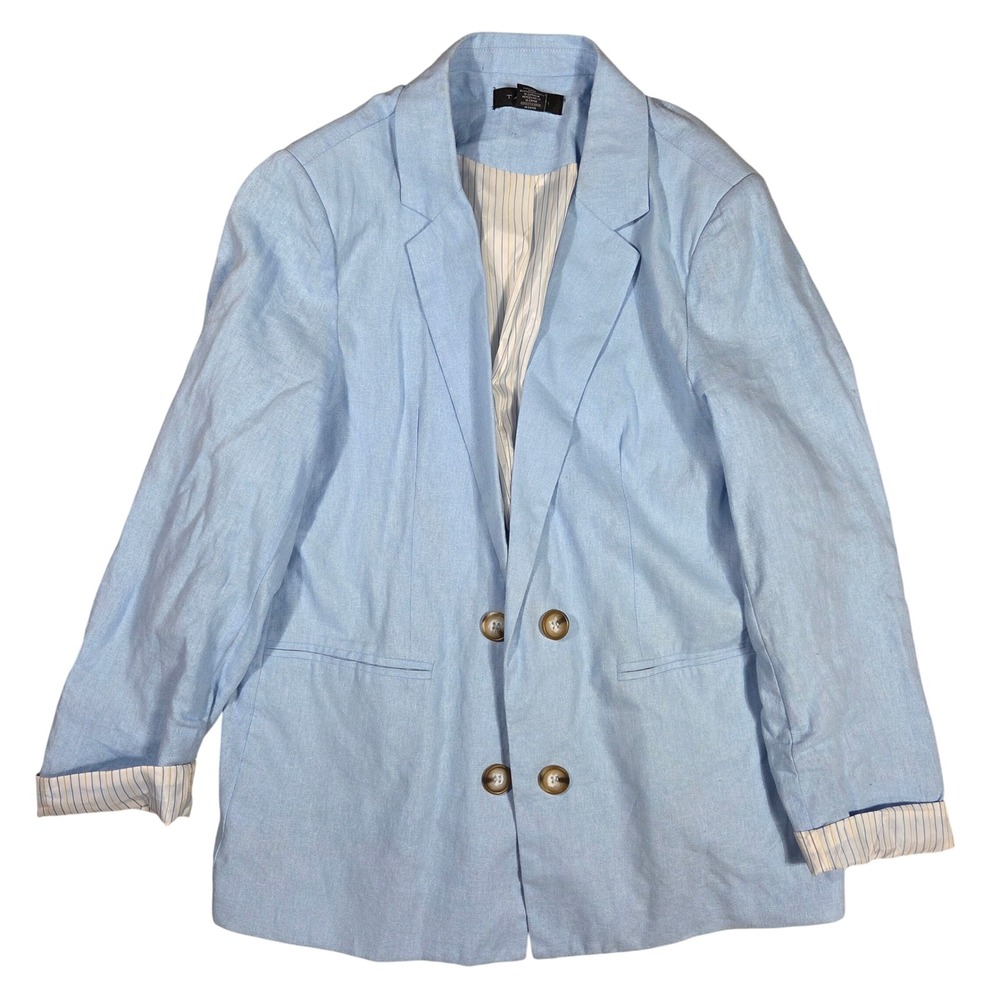 Tahari Womens XL Light Blue Linen Blend Double Breasted Blazer Career Basic